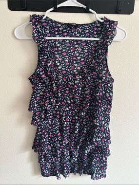 Express Navy Floral Ruffle Tiered Cottagecore Sleeveless Blouse Tank Top:S